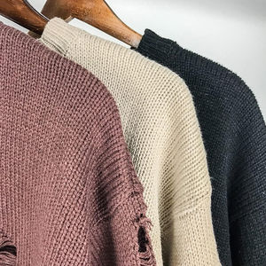 Nouveau style – Sweat-shirt homme oversize à col rond en coton tricoté, effet délavé et découpé, couleur unie, coupe carrée, pull d'hiver - Product Image 6