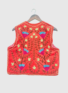 Gilet en velours orange brodé de fleurs pour femme, style bohème, sans manches, fait main, col en V, vêtement d'extérieur - Product Image 4