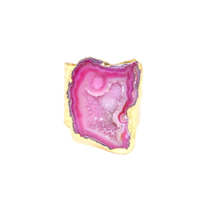 Bague ajustable en laiton plaqué or 18 carats avec grand anneau texturé crocodile et pierre de quartz rose naturelle de style vintage - Product Image 1