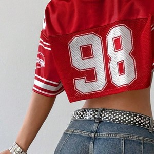 OEM Polyester Red Mesh Football Jersey Cropped Tee Number Casual Streetwear Graphic Shirt Custom Logo Hip Hop women's shirt - Product Image 2