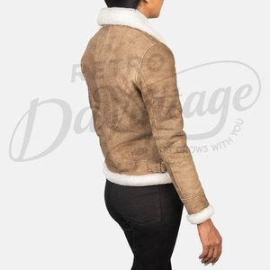 Chaqueta de aviador de cuero genuino desgastado color canela para mujer, con ribete de piel sintética blanca, corte ajustado, piel de oveja premium, abrigo de invierno estilo motero - Product Image 2
