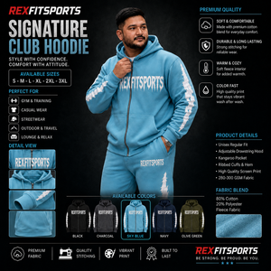 REXFITSPORTS 2026 Survêtement graphique bleu ciel pour homme avec fermeture éclair intégrale, en molleton de coton et polyester 280-300 GSM, personnalisable, style streetwear, comprenant un sweat à capuche et un pantalon de jogging - Product Image 1