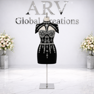 Minivestido de Lujo Negro con Cristales |   Vestido ajustado de diseñador para fiesta |   Conjunto Glamuroso de Cóctel para la Noche para Mujer - Product Image 3