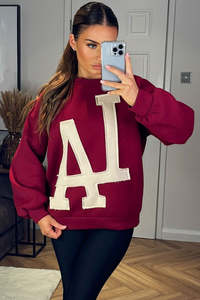 Sweat-shirt col rond pour femme bordeaux, grande taille, avec appliqué lettre LA crème, manches lanternes, en mélange de coton - Product Image 2