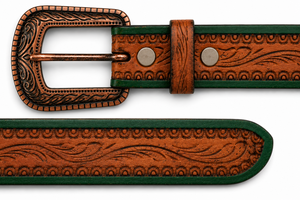 Cinturón Vaquero Occidental de Cuero Genuino con Grabado Floral y Borde Verde Cobre, Hecho a Mano, Vintage, Unisex, Ecológico, Duradero, Casual - Product Image 4