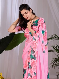 Wholesale Elegant Rose Floral Printed <b>Saree</b> Luxury Soft <b>Satin</b> Indian Traditional Wear Women Party Festive Sari Blouse Summer - Product Image 5