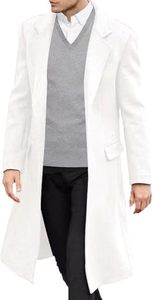 Manteau long élégant blanc coupe trench, manches longues, col à revers, coupe-vent en polyester, toutes saisons, couleur unie - Product Image 5