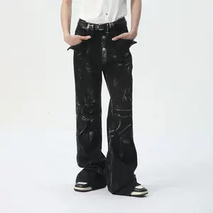 Hdtex Cao Đường Phố Mặc Bẩn Rửa Jeans Người Đàn Ông Thiết Kế Baggy Sáp Áo Bùng Màu Đen Denim Jeans Người Đàn Ông