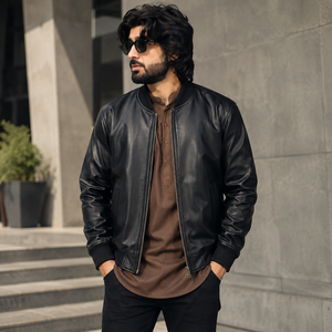 <b>Men's</b> Black PU Bomber <b>Jacket</b> Custom Embroidery Single Button Winter Sporty Casual Cotton Fabric Stand Collar - Product Image 3