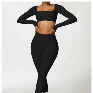 Conjunto de Yoga de 2 Piezas para Mujer, Cintura Alta, Manga Larga, Bra Deportivo y Leggings, Transpirable, Ligero, con Logotipo Estampado en la Parte Delantera, Ropa de Gimnasio - Product Image 2