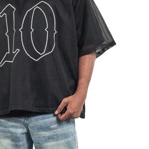 Camiseta de malla recortada de manga corta para hombre, Camiseta deportiva de cuello redondo para gimnasio con estampado de texto frontal, tejido acanalado para serigrafía de fútbol - Product Image 5