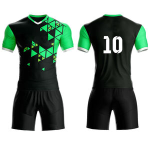 Fournisseur en gros – Ensemble maillot de football géométrique noir et vert pour homme, col en V, manches courtes, en polyester anti-humidité, uniformes en vrac - Product Image 1