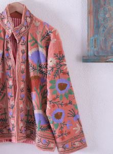 Floral Embroidery Knitted <b>Cardigan</b> Mandarin Collar <b>Long</b> Sleeve Loose Fit Boho Autumn Casual Wear Hand Embroidered Straight Hem - Product Image 3
