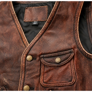Custom Genuine Distressed Leather <b>Utility</b> <b>Vest</b> Vintage Snap Button Motorcycle Hunting Outdoor Workwear <b>Vest</b> OEM - Product Image 5