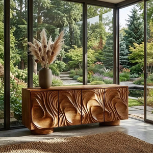 Buffet en bois massif Wabi Sabi fait main et écologique, 4 portes, sculpté, style shaker, meuble de rangement moderne pour salon - Product Image 3