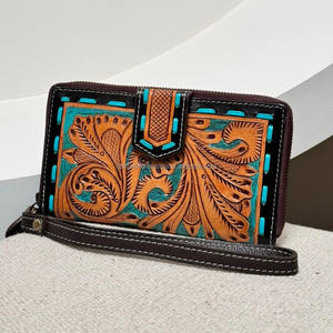 Hand Tooled Carving Wallet Clutch <b>Phone</b> Case Stylish Multi Uses Western Leather New Arrival Genuine Leather Wallet for Women - Product Image 3