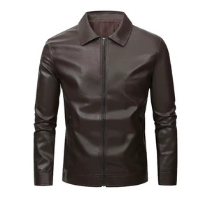 Blouson en cuir PU pour homme, style motard, col rabattu, fermeture éclair, couleur unie, vêtement d'extérieur d'automne, coupe classique, tendance - Product Image 4