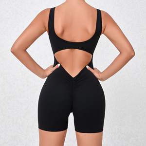 Combinaison de sport pour femme avec logo personnalisé - Combinaison sans manches dos nu avec effet ventre plat et design froncé en V pour le yoga et le fitness - Product Image 5