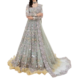 Último Estilo Vestido de Novia Moderno Hecho a Medida con Encaje, Perlas, Lentejuelas y Cristales, Largo hasta el Suelo con Ilusión de Volantes - Product Image 3