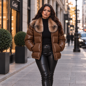 Chaqueta de cuero acolchada de lujo para mujer con cremallera, cuello de piel de zorro, cortavientos, estilo urbano, ropa de abrigo de invierno - Product Image 3