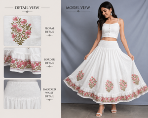 Women's Cotton A-Line Midi <b>Skirt</b> With Floral Embroidery <b>Elastic</b> Waist Ruffled Hem Prairie Chic Style Spring Wear - Product Image 3