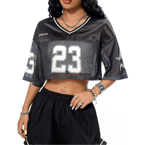 Maillot de football court en maille noire pour femme, coupe oversize, numéro 23, style streetwear, t-shirt de sport, logo personnalisé - Product Image 1