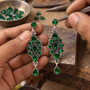 Boucles d'oreilles pendantes plaquées argent antique, pierre précieuse verte taille émeraude, bijoux bohèmes pour femmes, fournisseur en gros certifié fabricant - Product Image 4