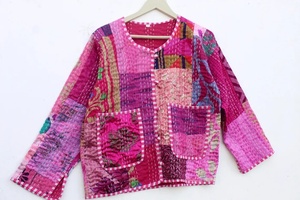 Chaqueta Acolchada Kantha Patchwork Colorido En Seda Y Algodón Con Botones Pequeños - Product Image 5