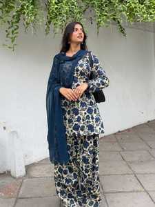 Ensemble haut et pantalon en coton imprimé pour femme, avec dupatta en faux georgette à motif gaufré, en matériau recyclé – Vente en gros - Product Image 3