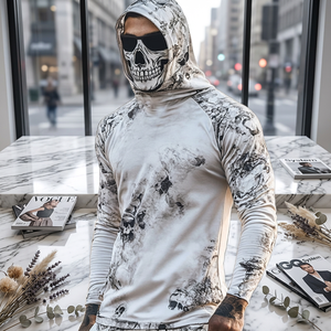 <b>Men's</b> Hooded Long Sleeve <b>Skull</b> Print Sun Protection <b>Shirt</b> UPF50+ Full Length Performance Fishing Apparel - Product Image 5