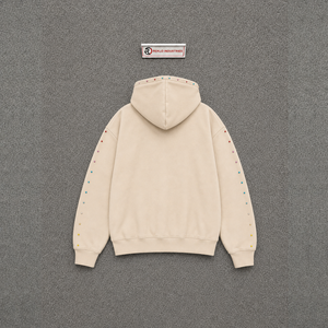Sudadera con Capucha Oversize Beige Desgastada para Hombre con Tachuelas Coloridas y Bolsillos Decorados con Pedrería, Ajuste Regular, Ropa de Invierno, TENDENCIA DE ALTA MODA - Product Image 6