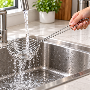 Cuillère écumoire en acier inoxydable à long manche, passoire à mailles pour pâtes, friture et fondue - Product Image 6