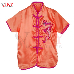 Ensemble uniforme de Kung Fu en satin orange pour enfants et adultes, avec logo personnalisé, vente en gros, manches courtes, broderie de dragon, costume d'arts martiaux Tai Chi - Product Image 4