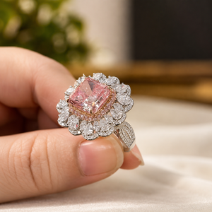 Pink <b>Cushion</b> Cut Gemstone Promise Ring Halo Plated White Gold Engagement Band <b>for</b> Women Moissanite Luxury Jewelry - Product Image 2