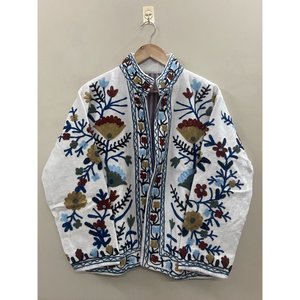 Hand Embroidered <b>Velvet</b> Knitted Cotton <b>Jacket</b> <b>Women</b> Mandarin Collar Full Sleeve Floral Pattern Open Front Prairie Winter/Spring - Product Image 1