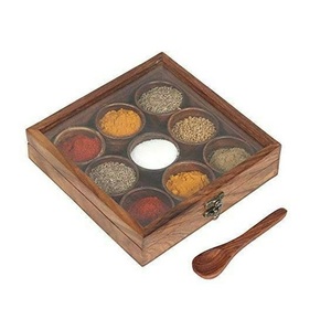 Wooden Spice Box Kitchen Organizer with Lid Natural Handmade Masala Storage Case for Herbs Seasonings Salt <b>Pepper</b> and Dry Spices - Product Image 4