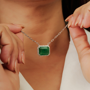 Gorgeous 925 Sterling Silver 100% Genuine 11x13 mm <b>Emerald</b> & Diamond Cluster <b>Pendant</b> Necklace May Birthstone Everyday Wear - Product Image 4