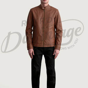 Chaqueta de Cuero Marrón para Hombre, Piel de Oveja Auténtica, Corte Ajustado, Estilo Casual para Otoño e Invierno, Chaqueta de Motociclista con Cuello de Solapa y Cierre de Broches - Product Image 3