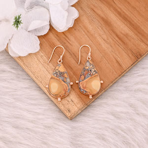 ต่างหูทองเหลืองชุบทองคำขาวสไตล์คลาสสิกทำมือประดับพลอยแจสเปอร์รูปหยดน้ำ ขายส่งจากผู้ผลิต - Product Image 2