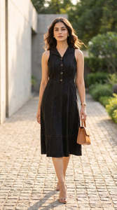 Vestido Camisero Midi de Manga Corta con Cuello Polo, Dobladillo Asimétrico y Detalle de Botones, Color Sólido, Tejido de Tela, Estilo Casual - Product Image 4