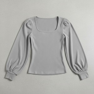 Haut de sport côtelé à col carré et manches bouffantes, tricoté ajusté à manches longues, respirant et flexible, avec poignets côtelés, personnalisable OEM, fabricant en gros - Product Image 1
