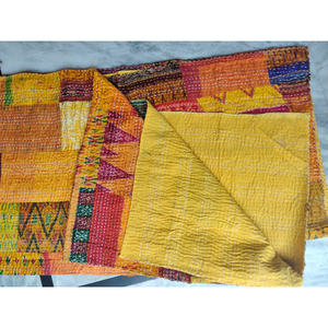 Colcha Kantha Hecha a Mano con Parches, Reversible, de Algodón, Naranja, Amarillo, Multicolor, Decoración para el Hogar, Regalo para Ella - Product Image 2