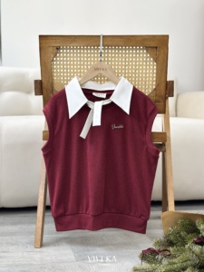 Blouse en laine tricotée décontractée bordeaux pour femme, col contrastant détachable, manches courtes, pull automne-hiver, conception personnalisée ODM OEM LEON - Product Image 5