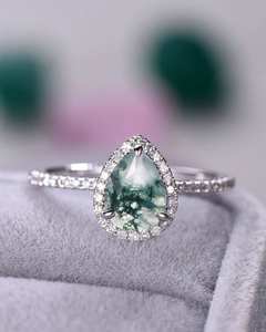 Bague de fiançailles en agate mousse en forme de poire, argent sterling, halo en or blanc 14 carats, demi-éternité, bague de mariée - Product Image 6