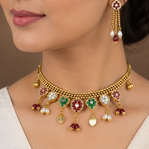 925 Sterling <b>Silver</b> Gold Plated <b>Choker</b> Necklace and Earring Set with Multicolored Stones Pearls and Traditional Enamel Work - Product Image 5