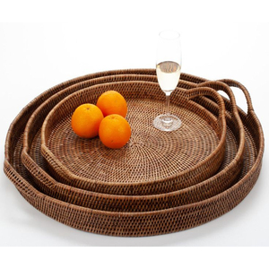 Wholesale Eco-Friendly Round Rattan Serving <b>Tray</b> With Handles Handwoven Wicker Food Display <b>Basket</b> For Bread Fruit Dessert Table - Product Image 5