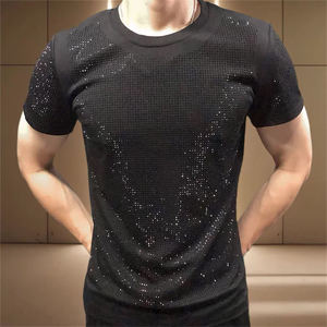 Camiseta de hombre con brillantina y pedrería, de poliéster y algodón, tejida, transpirable, de secado rápido, informal, estilo urbano. - Product Image 3