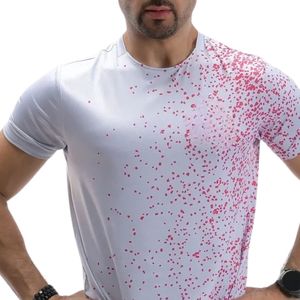 <b>White</b> Pink Speckle Men Athletic T Shirt Short Sleeve Crew Neck Slim Fit Breathable Gym Workout Running Training Sportswear <b>Top</b> - Product Image 2