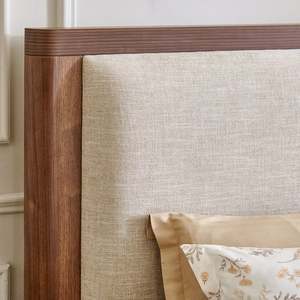 Solid Wood King <b>Bed</b> <b>Frame</b> Upholstered Headboard Oak Wood Traditional Design Beige Fabric Panel <b>Bed</b> - Product Image 5