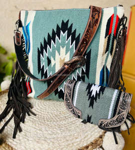 กระเป๋าถือหนัง Aztec แบบดั้งเดิมสไตล์ตะวันตกใหม่กระเป๋าสะพายไหล่สีสันสดใสและชุดคอมโบที่มีเอกลักษณ์ - Product Image 4